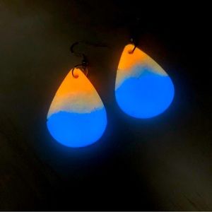 Glow-In-The Dark Teardrop Earrings Orange/Blue Glow Hand Crafted Resin Earrings